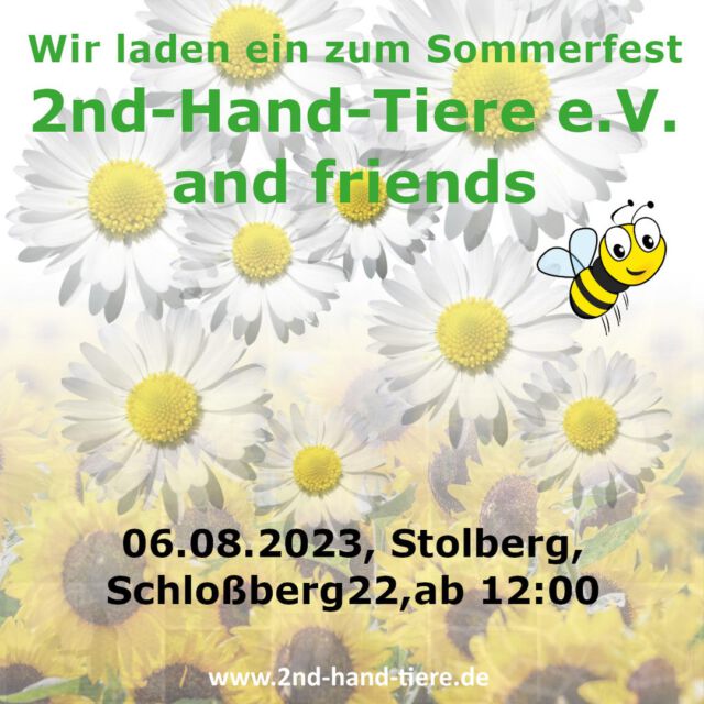 Immer wieder sonntags informieren wir Euch über Dinge, die uns aktuell besonders beschäftigen. 

Bereits seit Wochen bereiten wir alles vor, damit wir euch mit tollen Leckereien, interessanten Vereinen, schönen Verkaufsständen und spannenden Tombola Preisen überraschen können.

In den kommenden Wochen verraten wir euch nähere Einzelheiten.

Wir freuen uns auf euch und eure Liebsten.

#2ndhandtiere #sommerfest #vegan #tierschutz #grill #gemeinsam #vorfreude